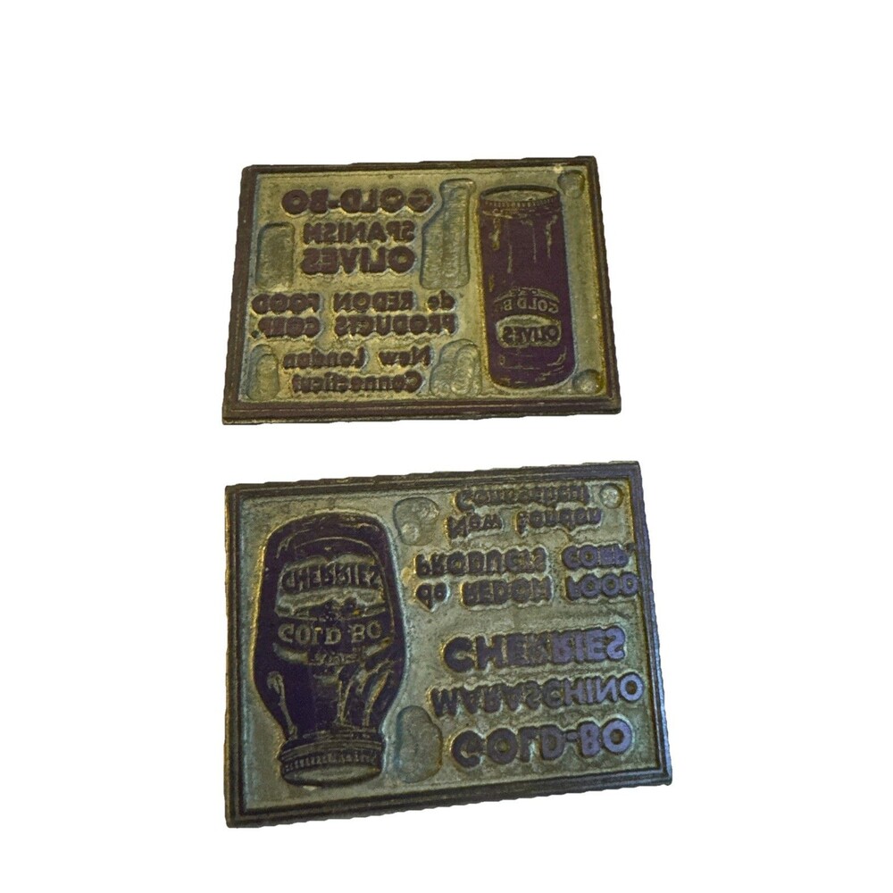 2 Vintage letter press printing blocks Spanish Olives/Cherries